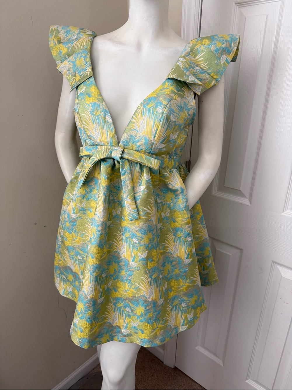 Lena Lime Green Brocade Cocktail Dress with Aqua Trim